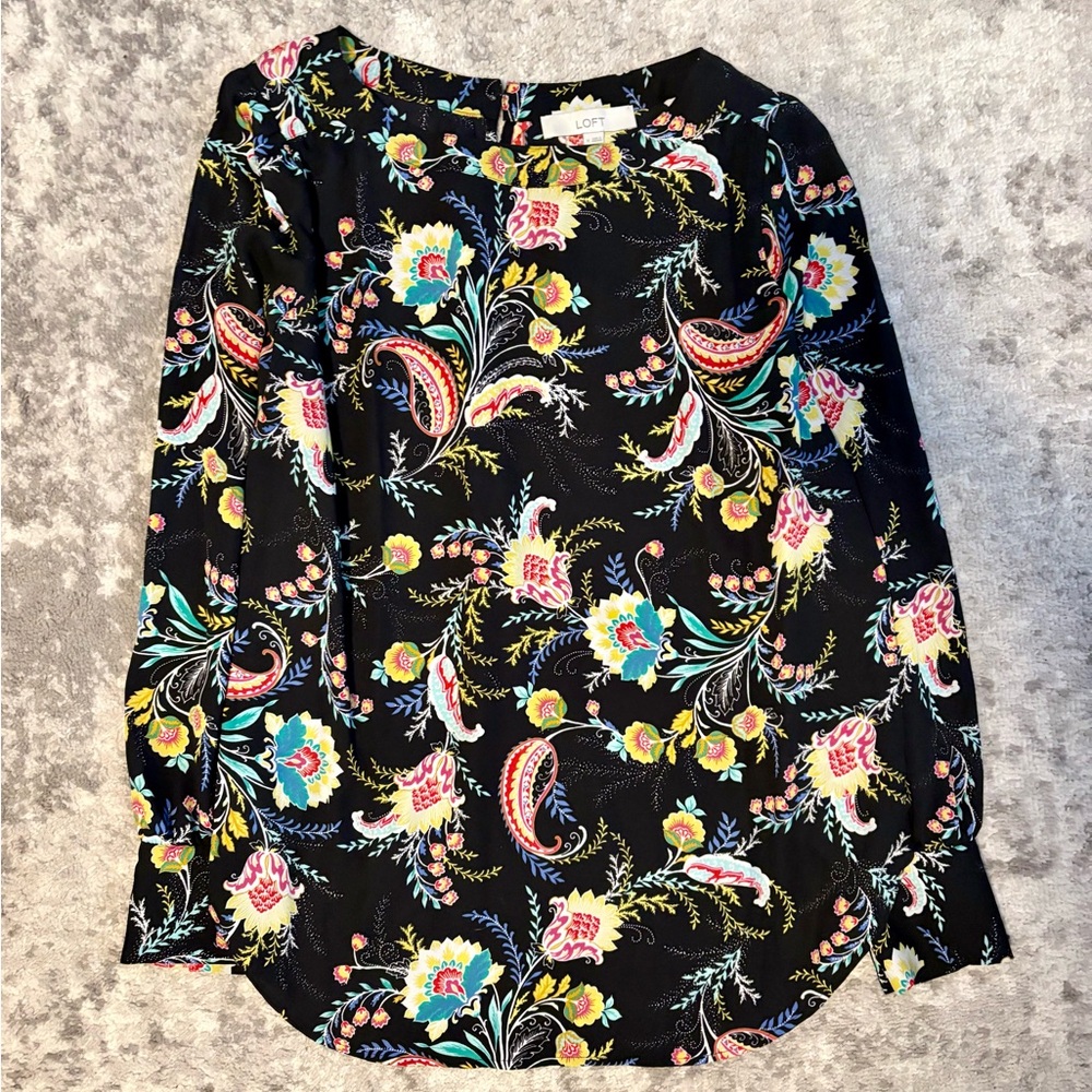 LOFT Black Shirt with Colorful Floral Design